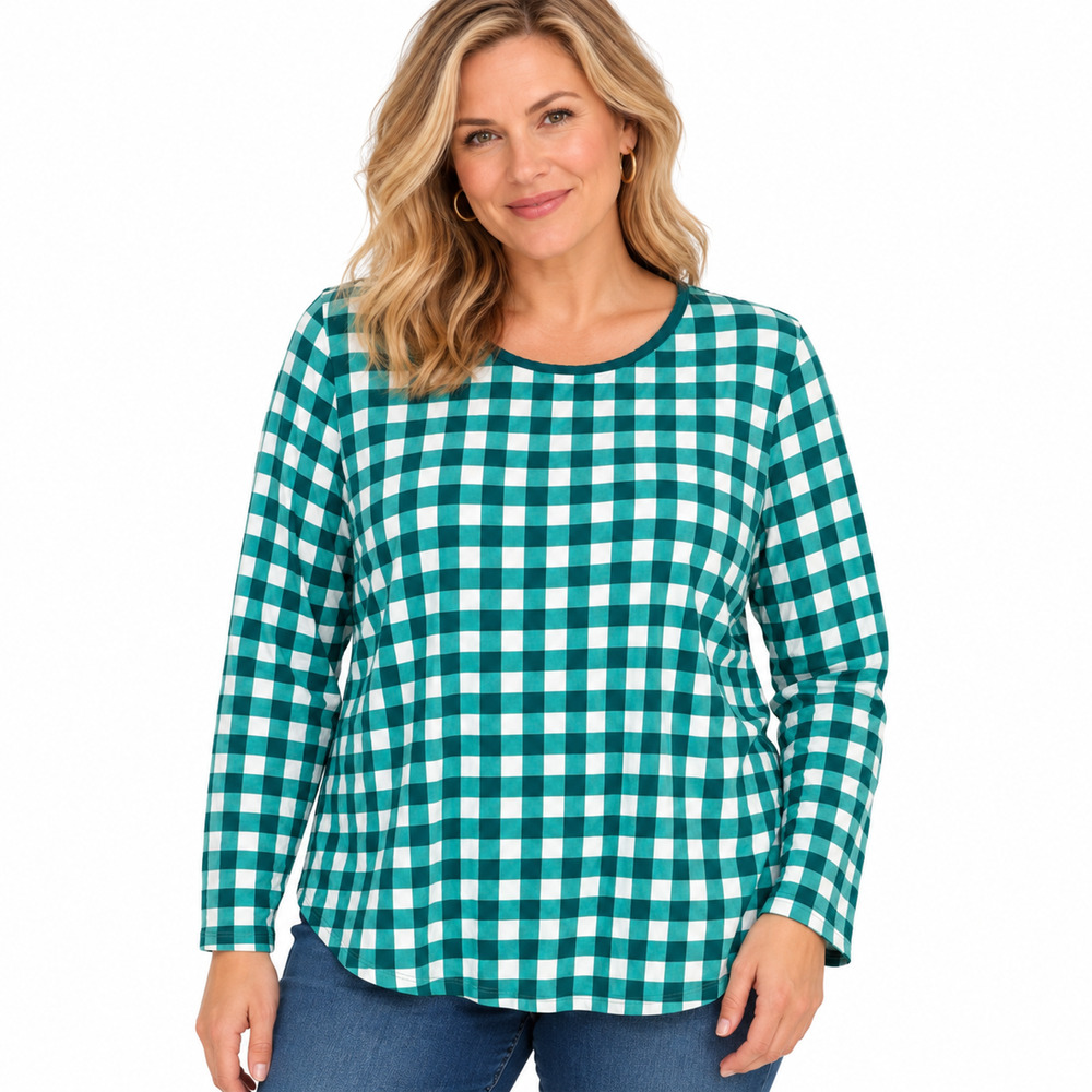 Draper James x Lands End Teal Plaid Long Sleeve Stretch Cotton Top Shirt sz L